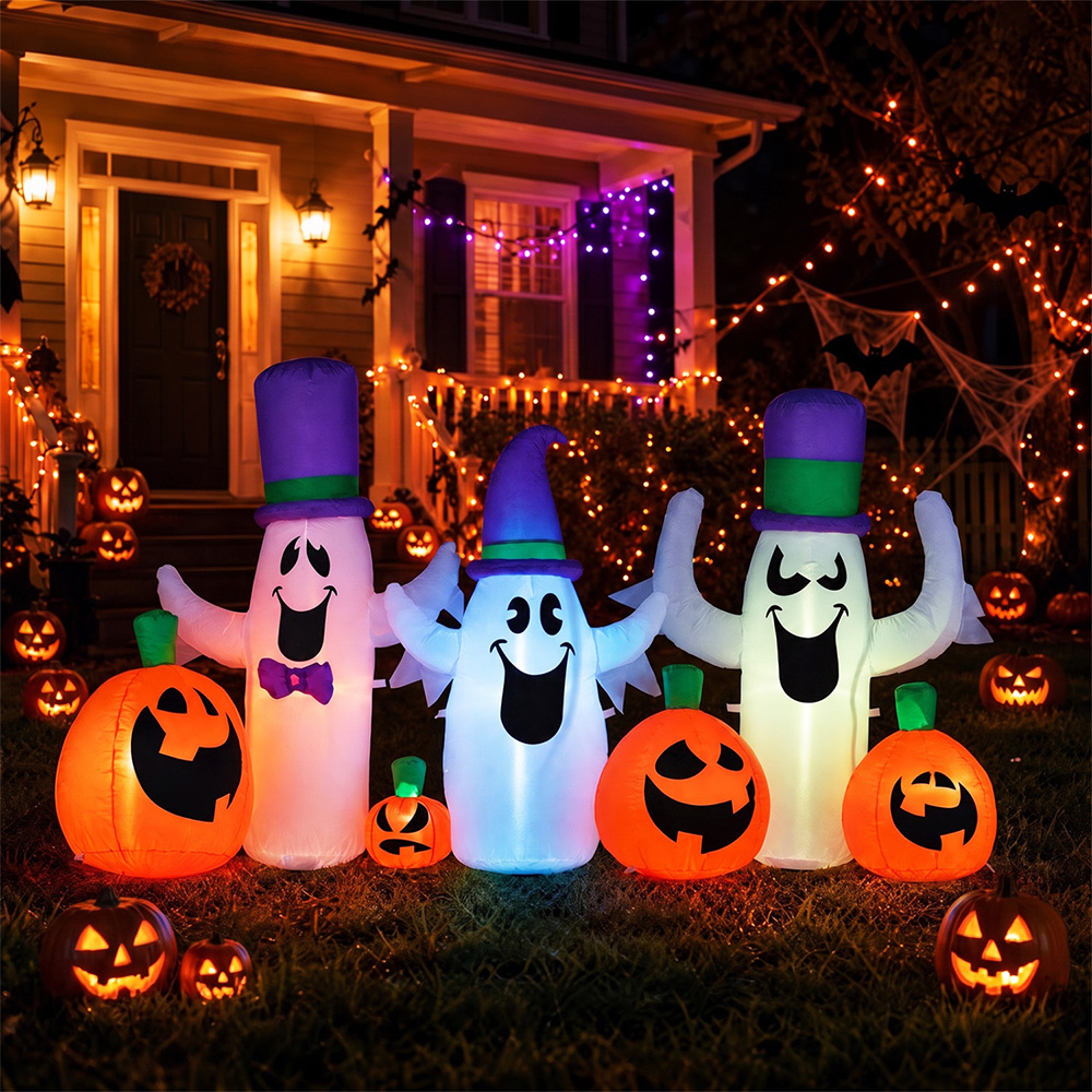 8 FT Blow Up Cute Ghosts And Pumpkins With Built-in RGB LED Lights For Halloween