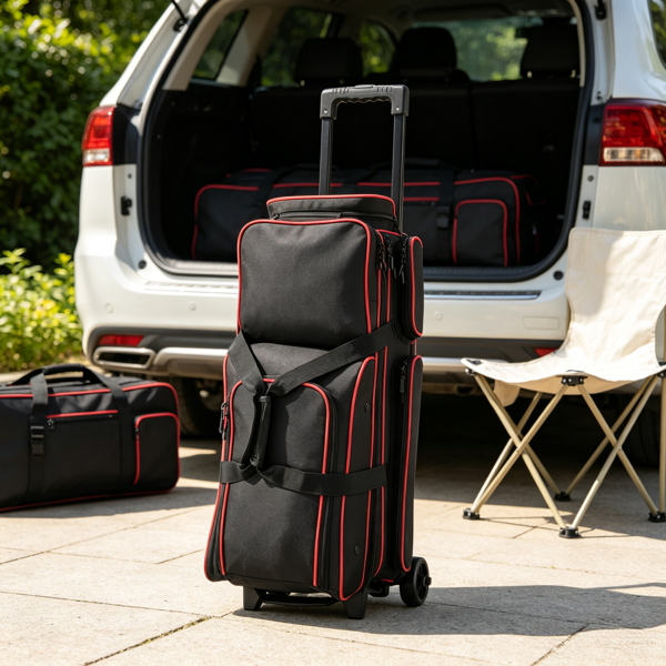 3 Ball Double Roller Bowling Bag With Wheels, Retractable Handle Extends To 41.34 In, Separate Shoe Compartment Fits Up To US Size 16 & Oversized Accessory Pocket