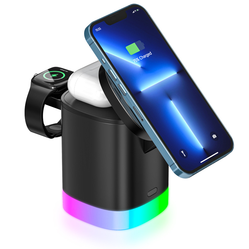 3-in-1 wireless charger for mobile phone, smart watch, and AirPods, sleek design for fast charging.