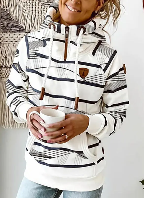 Striped Long Sleeve Hoodie Women's Fashion Slim Casual Sweater - Blue