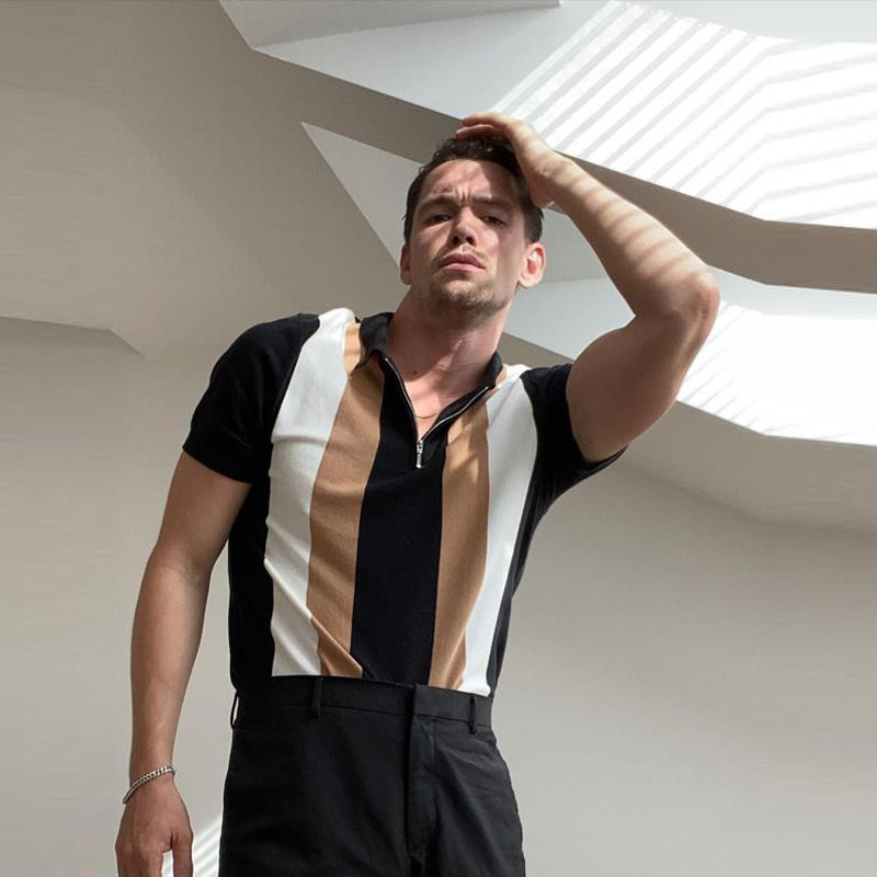 Striped Stand-up Collar Fashion Slim Men's T-shirt