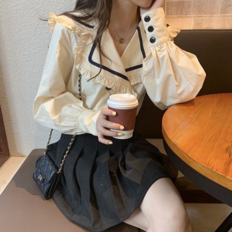 All-match Simple Hit Color Wood Ears Doll Collar Double-breasted Long-sleeved Shirt