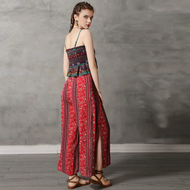 Cotton And Linen Printed Wide Leg Pants Ethnic Style Personality Blossoming Trousers