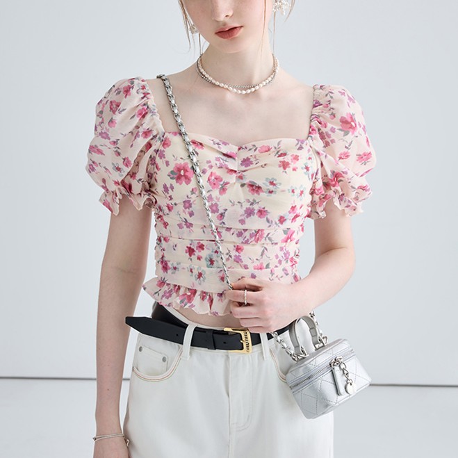 French Slim Floral Short Sleeved Shirt