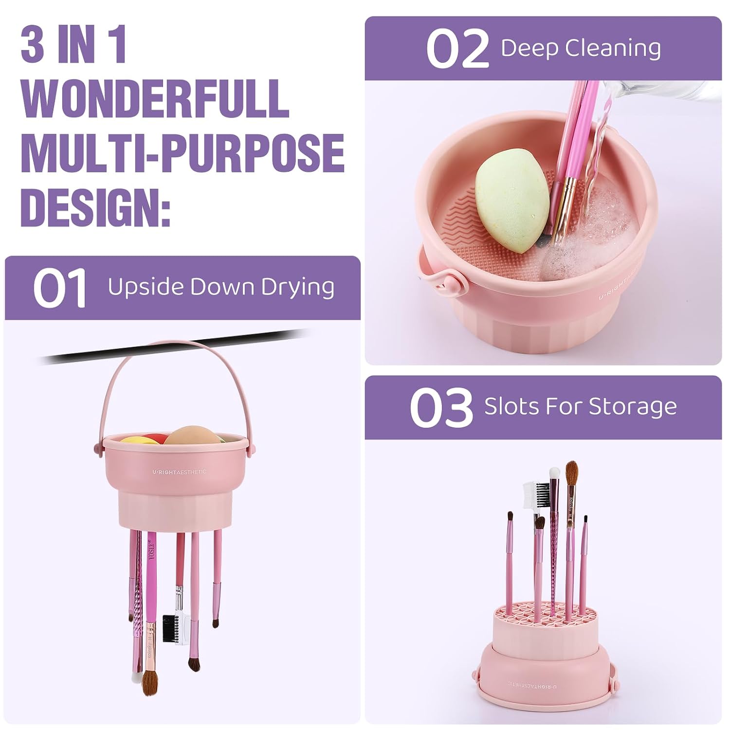 3 In 1 Silicone Makeup Brush Cleaner Bowl And Cleaning Mat, Reusable Makeup Brush Washing Tool, Khaki 4