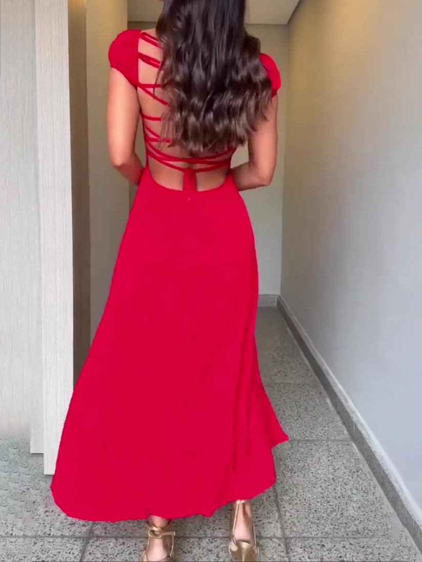 Red Slit Backless Strappy Dress