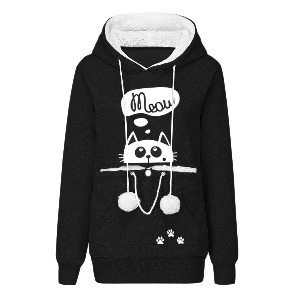 Women Casual Cat Print Long Sleeve Hoodie With A Big Pocket For Pets - Picture 5 of 7