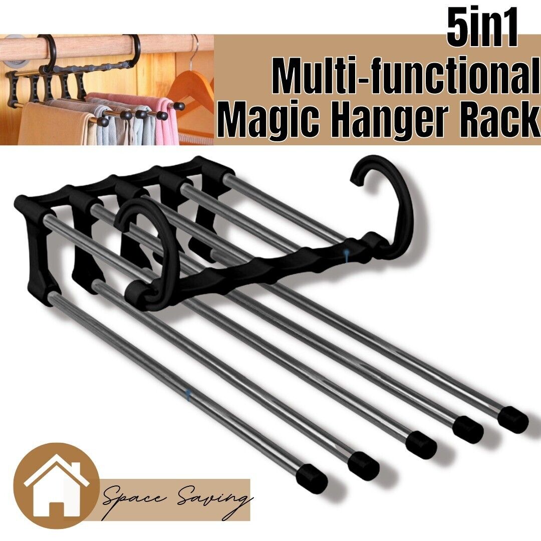 Magic Metal Hanger Closet Space Saver Organizer shipping inside the US USPS First Class Package handling 2 Day Handling 2-5 Day Shipping 5 in1 Multi-functional Pants Rack Shelves Stainless Steel Wardrobe Magic Hanger by KT Deals RANDOM COLOR WHITE/BLACK S