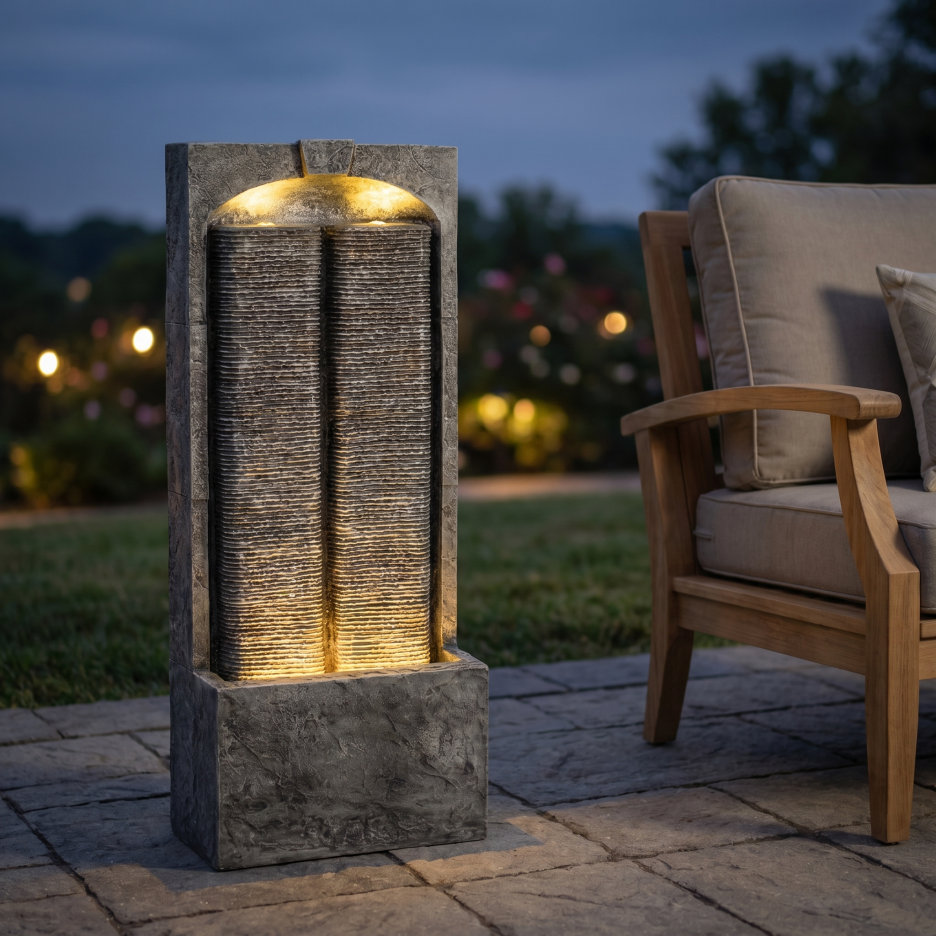 Outdoor Water Fountain Cascading LED Lights 39inch H, Resin Fiberglass With Quiet Pump, Freestanding Water Feature For Garden Patio Porch Lawn Indoor Outdoor Decor — foto 2