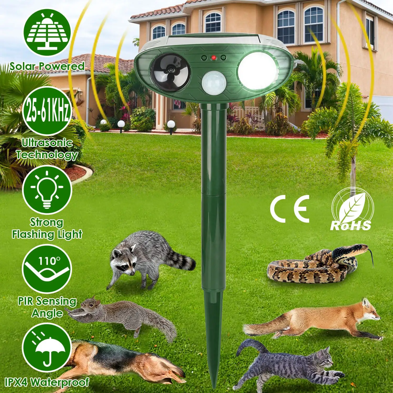 Solar Ultrasonic Animal Repeller PIR Sensor Repellent