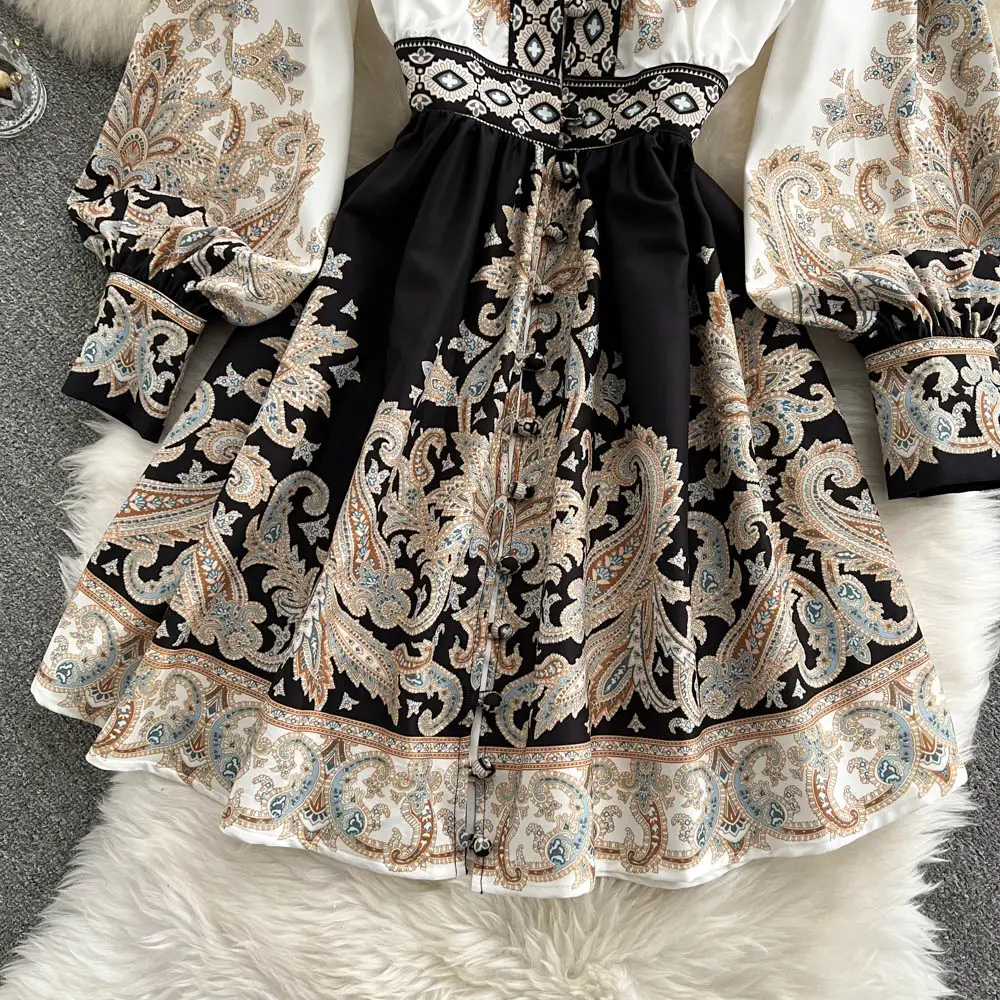 Women's V-neck Lantern Sleeve Printed Dress