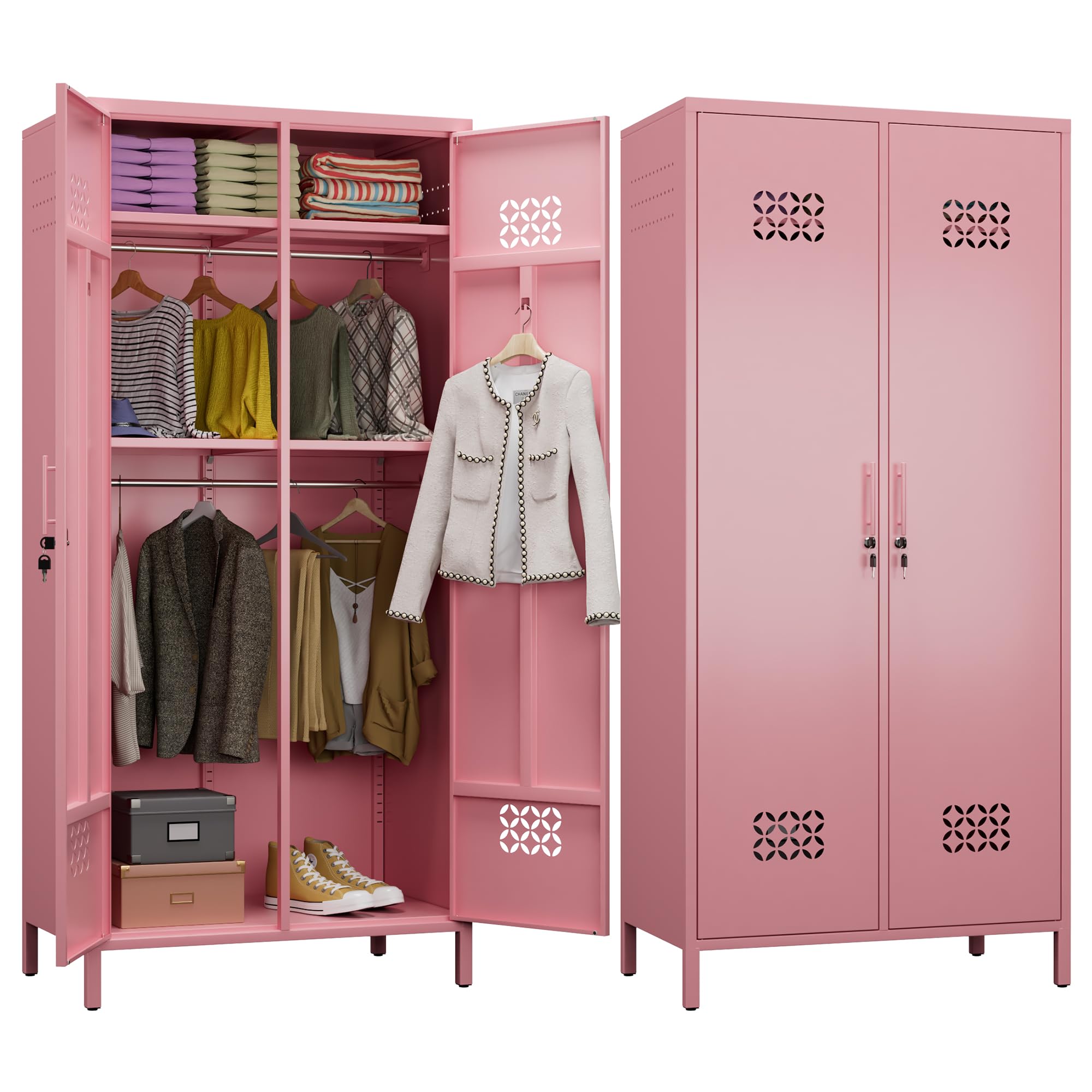 METAN 71inch Hx33.5inch Wx20inch D Metal Wardrobe Closet With Lock,Extra Deep 2 Doors Metal Wardrobe Cabinet For Home,Assembly Required,Pink
