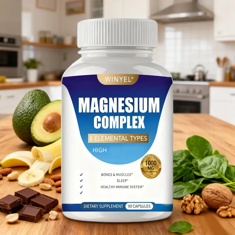 WINYEL MAGNESIUM COMPLEX Wellness Capsules With Malate & Glycinate And 8 ELEMENTAL MAGNESIUM, Supports Health 90 Capsules, Dietary Supplement.