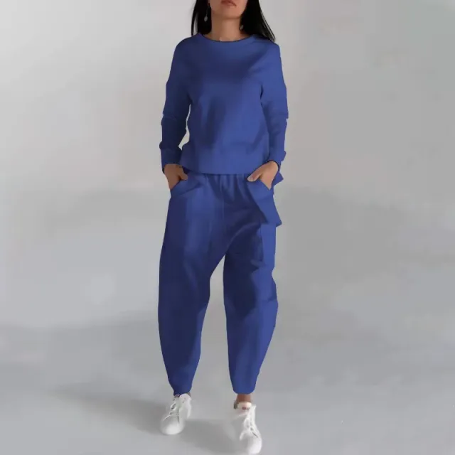 Solid Color Fashion Sweatshirt Long Sleeve Back Slit Top With Pockets Loose Trousers Women's Clothing Blue - Shop at LoveMi