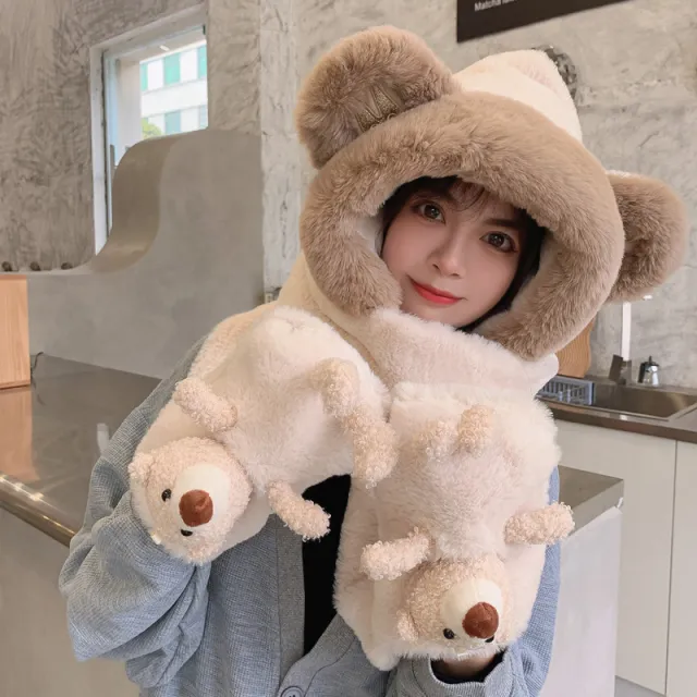 Rabbit Fur Warm Scarf Hat Gloves Three piece Suit Ladies Thickened Bib Set Beige - Shop at LoveMi