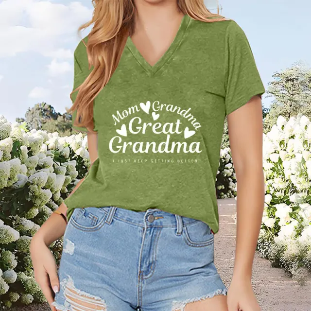 Women's V Neck T Shirt 'Mom Grandma Great Grandma' Letter Print Casual Summer Top Green - Shop at LoveMi