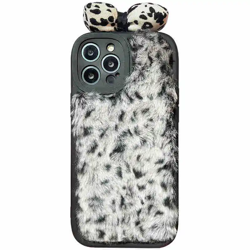 Plush Leopard Print Bow Silicone Phone Case