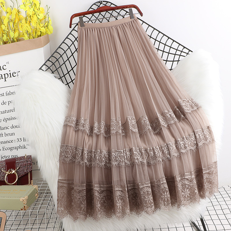 Double-layer Mesh-paneled Lace-trimmed Midi Skirt