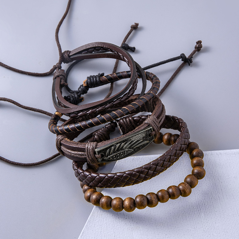 Braided Leather Wrap Bracelets For Men Vintage Wings Feather Charm Wooden Beads Ethnic Women Tribal Wristbands