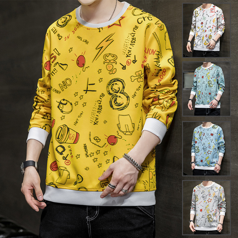 Sweater Men's Round Neck Spring And Autumn Youth Thin Floral Trend Loose Men's New Long-Sleeved T-Shirt Clothes