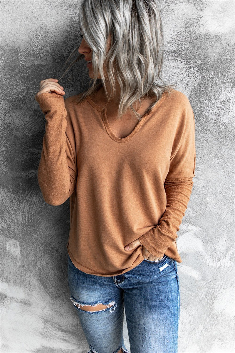 Women's Solid Color V-neck Shirt Long-sleeved Sweater Bottoming Shirt