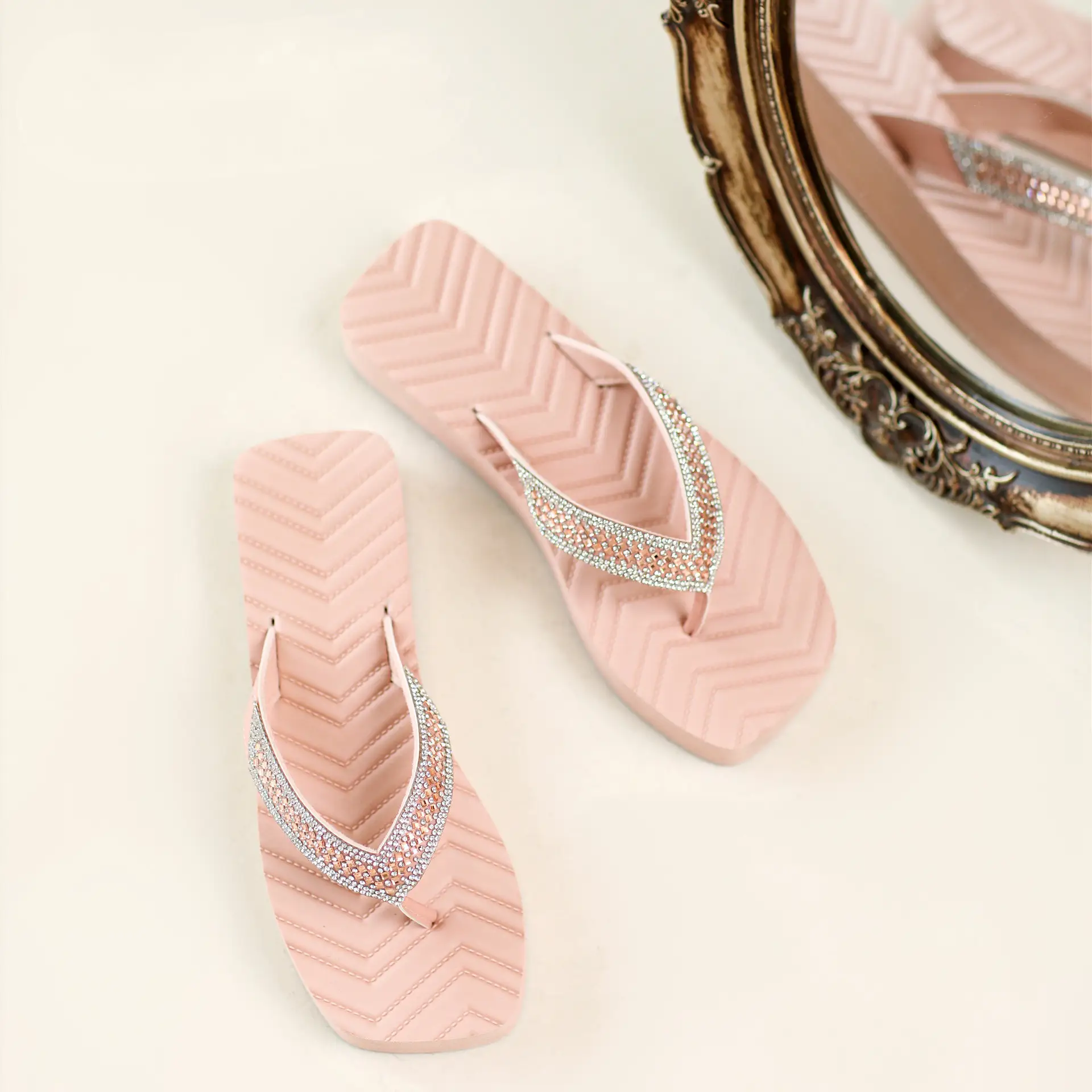 Square Head Clip-on Sandals Thick Bottom Rhinestone Flip Flops