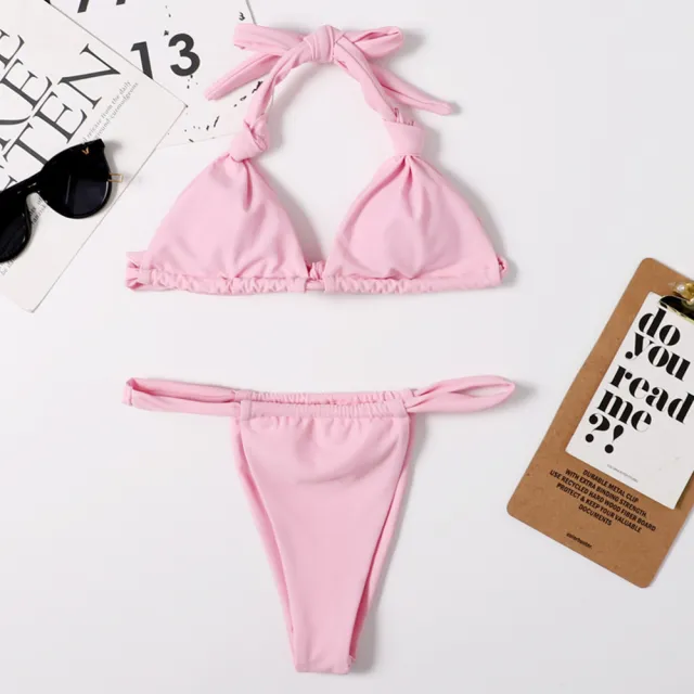 European And American Solid Color Strap Knotted Bikini Swimsuit Pink - Shop at LoveMi