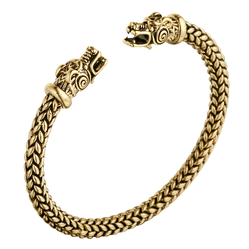 Asgard Crafted Small Handcrafted Stainless Steel Grey Wolf Head Torc Bracelet - Image of the bracelet crafted with stainless steel featuring a grey wolf head design.