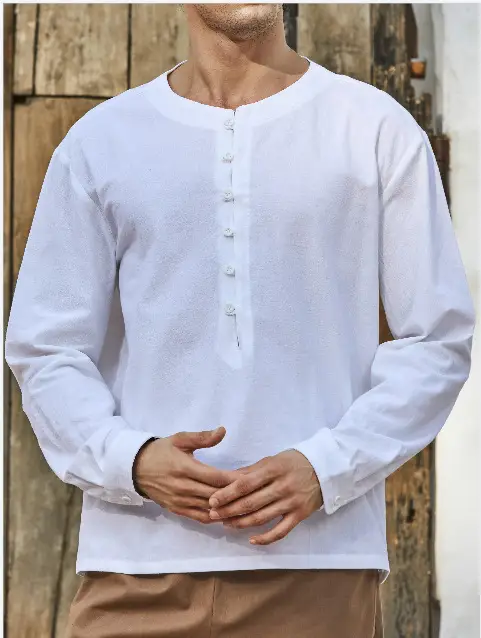 Cotton And Linen Solid Color Round Neck Button Trend Long-sleeved Shirt