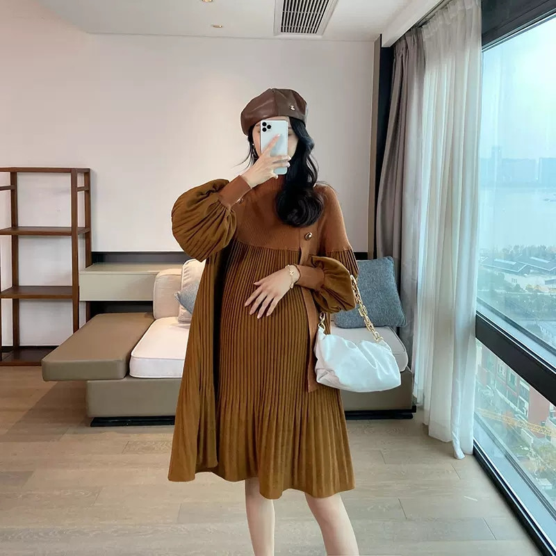 Women's Mid-Length Elegant Knitted Panel Pleated Dress