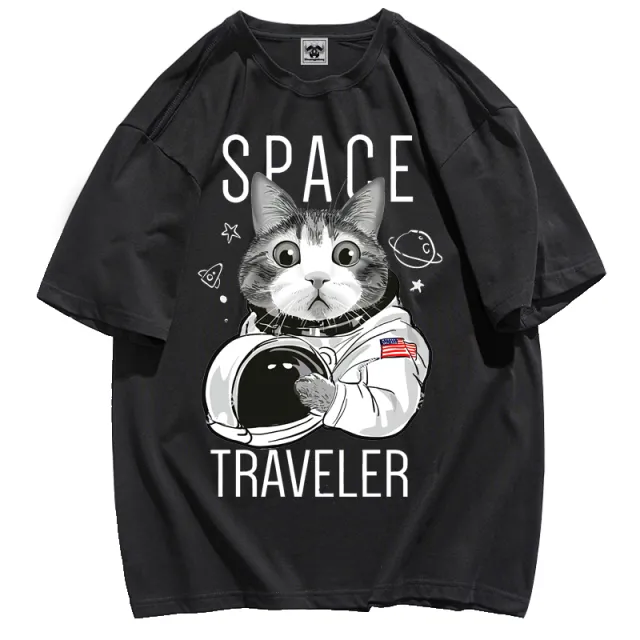 Astronaut Cat Graffiti Short Sleeve Black - Shop at LoveMi