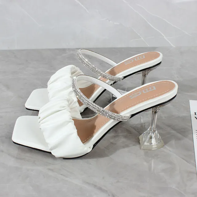 Fashion Rhinestone Outer Slippers High Heeled Square Toe Stiletto Sandals White - Shop at LoveMi