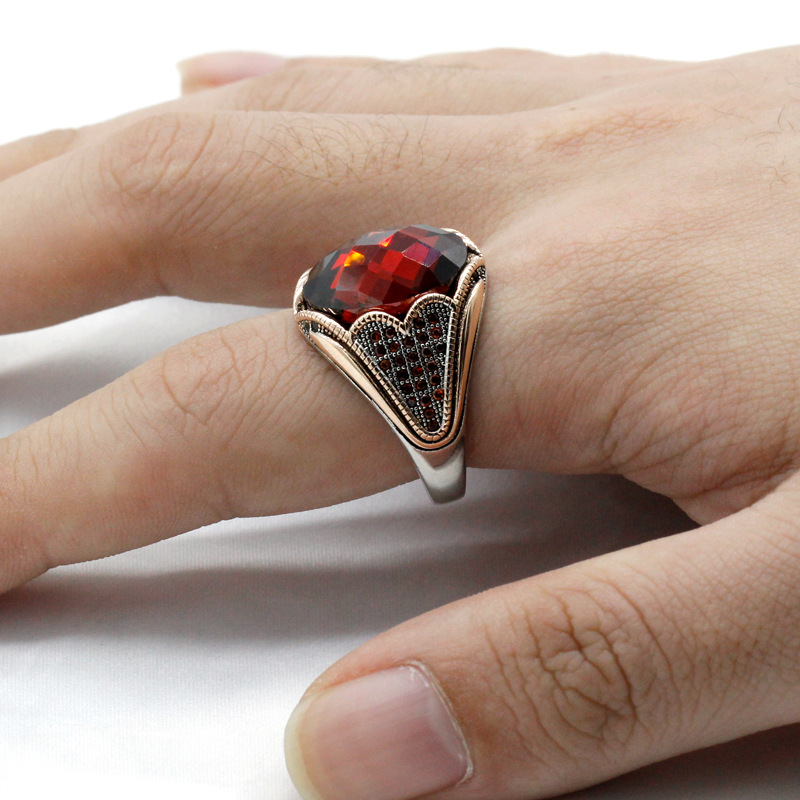 Red Main Zircon Men's Ring 925 Silver Color Electroplating Rose Gold Ring