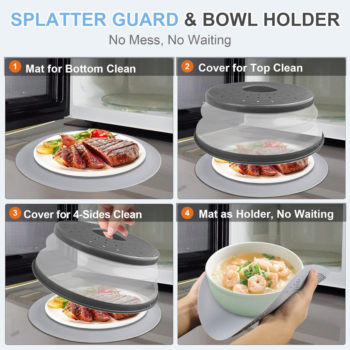 10 Inch Microwave Food Cover & Collapsible Silicone Mat - Splatter Guard, Plate Holder & Kitchen Colander For Meal Prep, Charcoal 3