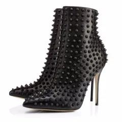 Ladies Black Full-body Rivet Pointed Toe Stiletto Ankle Boots - Black - View 1