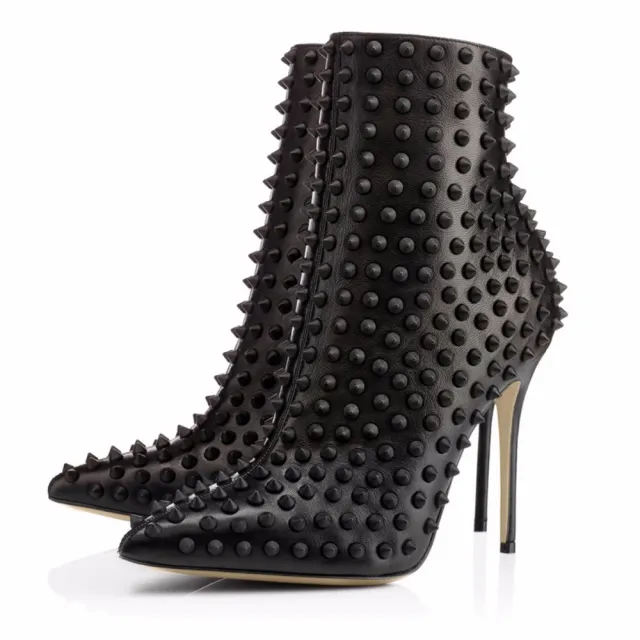 Ladies Black Full body Rivet Pointed Toe Stiletto Ankle Boots Black - Shop at LoveMi
