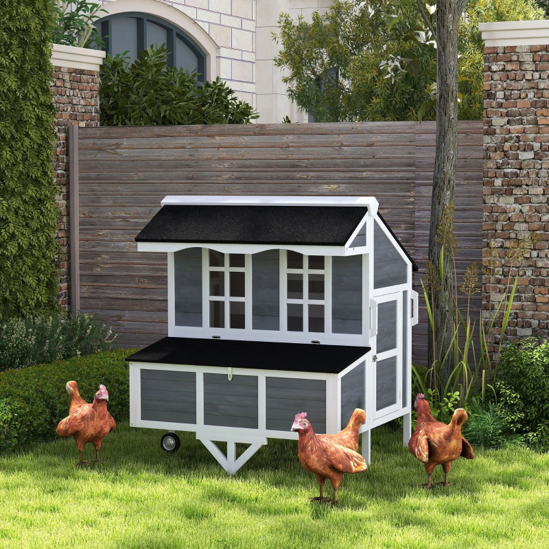 Chicken Coop With Wheels, Chicken Tractor With Nesting Box, Windows, Pull-out Tray, Perches, For 2-4 Hens, Gray