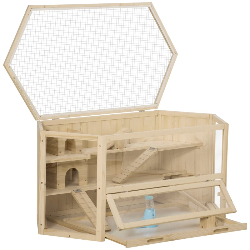 Wooden Large Hamster Cage Small Animal Exercise Play House 3 Tier With Tray, Seesaws, Water Bottle, Activity Center, Natural
