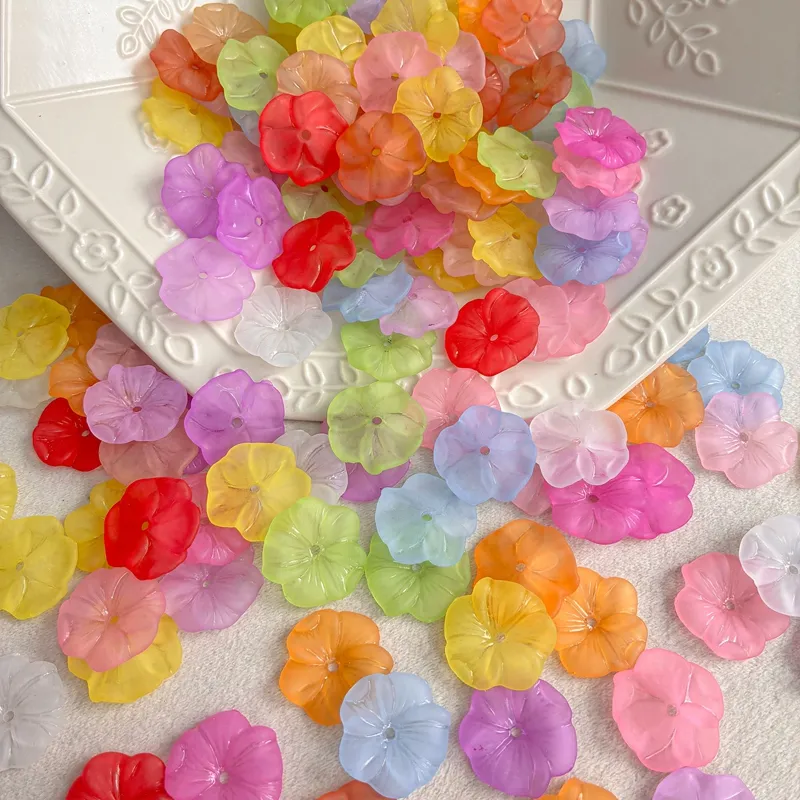 Frosted 5-Petal Acrylic Flower Beads, Textured Ribbed
