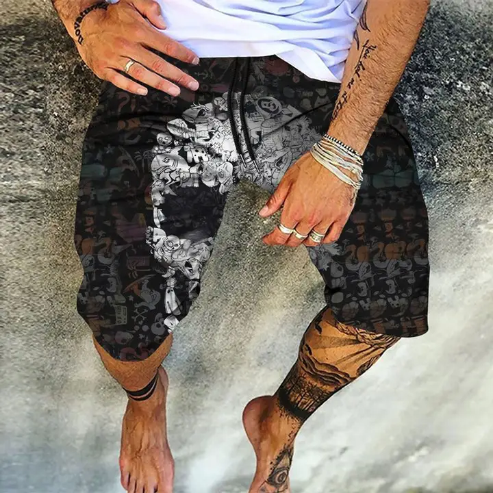 Skull Pattern Printing Digital 3D Men's Casual Quick-drying Beach Pants
