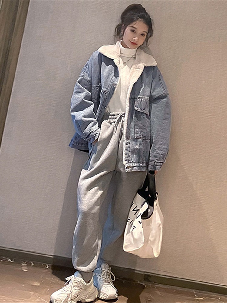 Lamb Wool Denim Jacket Female Autumn And Winter All match Blue - Shop at LoveMi