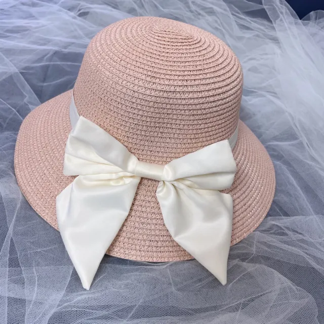 Beach Sun Simple Bow Monochrome Straw Hat Pink - Shop at LoveMi