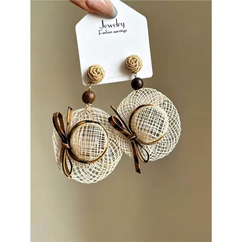 Beach Vacation Style Leather Bow Woven Straw Hat Earrings 2026 New Arrivals High End Stud Earrings Ear Cuffs For Women