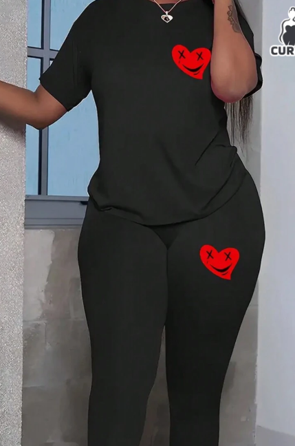 Women's Printed Round Neck T-Shirt And Leggings Set