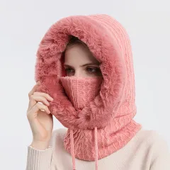 Winter Thick Plush Hat With Scarf Windproof Warm Knit Hats Hooded For Women - Red - View 1