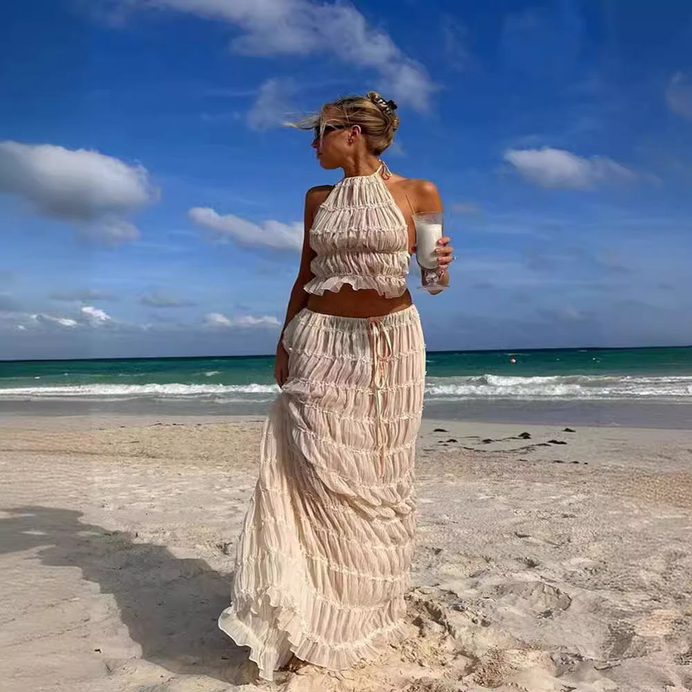 New Fashionable And Sexy Backless Hanging Neck Strap Pleated Lace Lace Vest Long Skirt Set