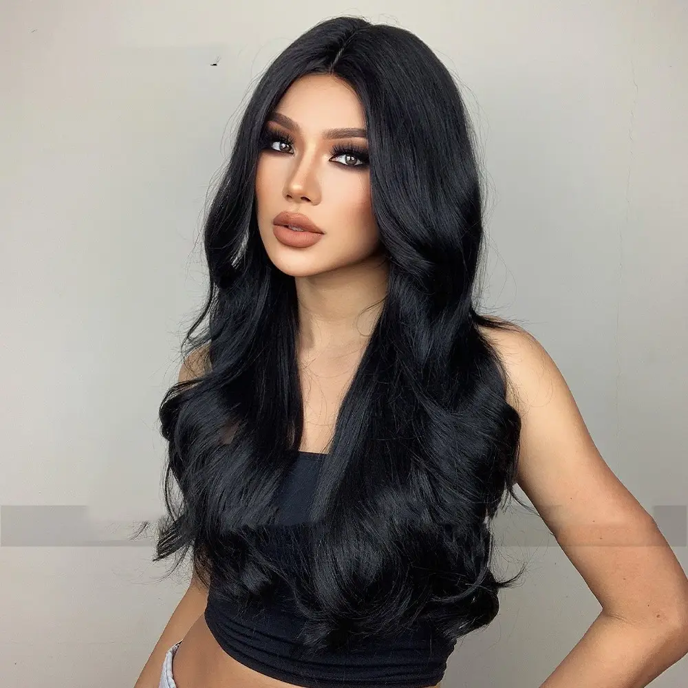 Black Medium Parted Long Curly Hair