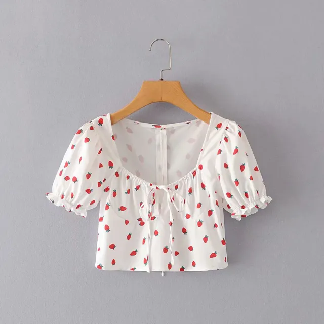 New Style Lace up Strawberry Print Top Slim Fit Cropped Blouse White - Shop at LoveMi