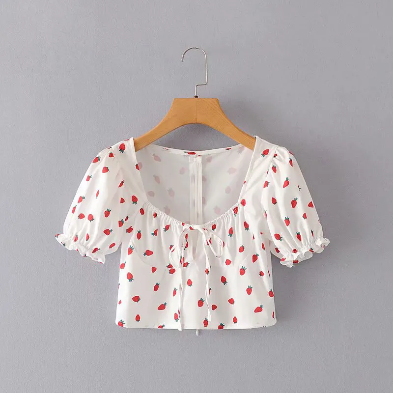 New Style Lace-up Strawberry Print Top Slim Fit Cropped Blouse - White