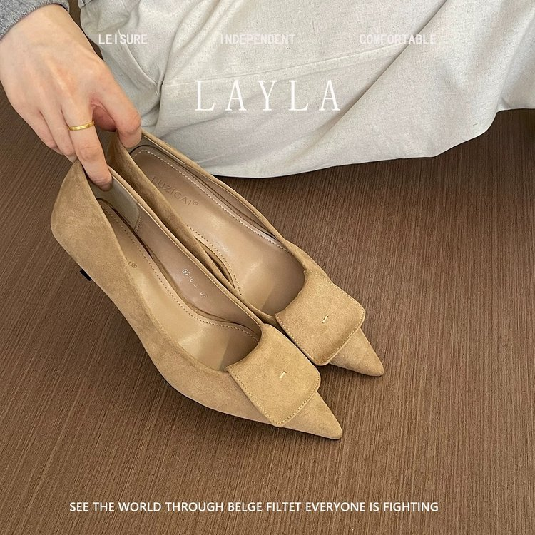 Elegant French Pointed Toe High Heels For Women, Velvet, Slim Heel, Spring 2025 New Collection, Versatile Low-Cut Commute Shoes